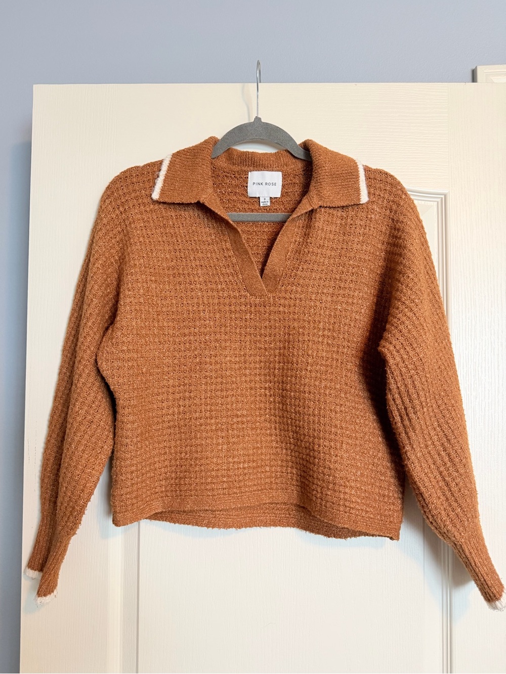 Pink Rose Women's Rust Polo V-Neck Knit Sweater with Cream Trim